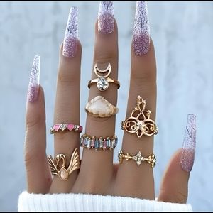7 piece Boho Gold Colorful Stones Rings